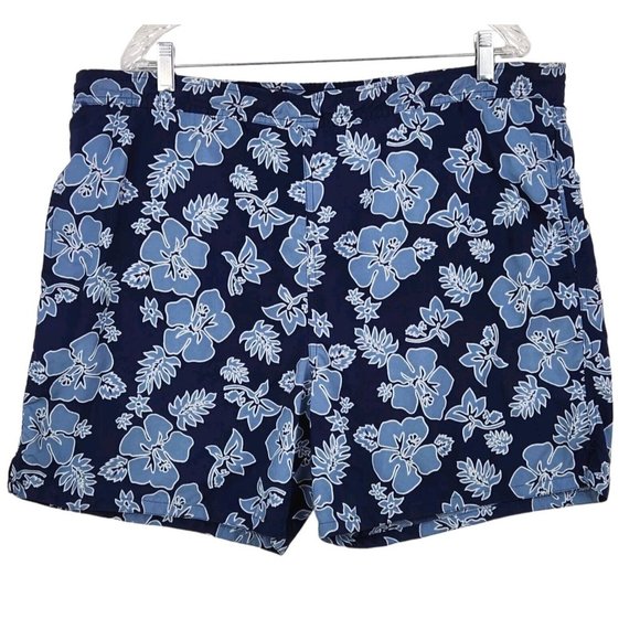 J.Crew Men's Tropical Board Shorts Large Blue Gray Hibiscus Flower Hawaiian - Picture 1 of 9